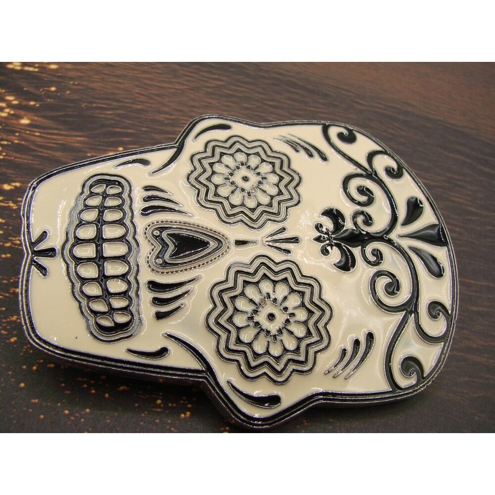 Black White Sugar Skull Belt Buckle Metal Streetwear Day of Dead Floral Mexico - Picture 3 of 10